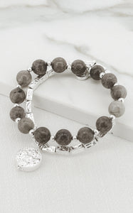 Envy Silver Double Layer Stretch Bracelet with Taupe Glass Beads