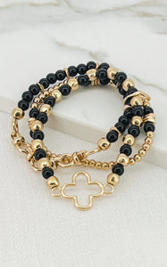 Envy - Gold & Black 3-Strand Bead Bracelet with Open Fleur Charm