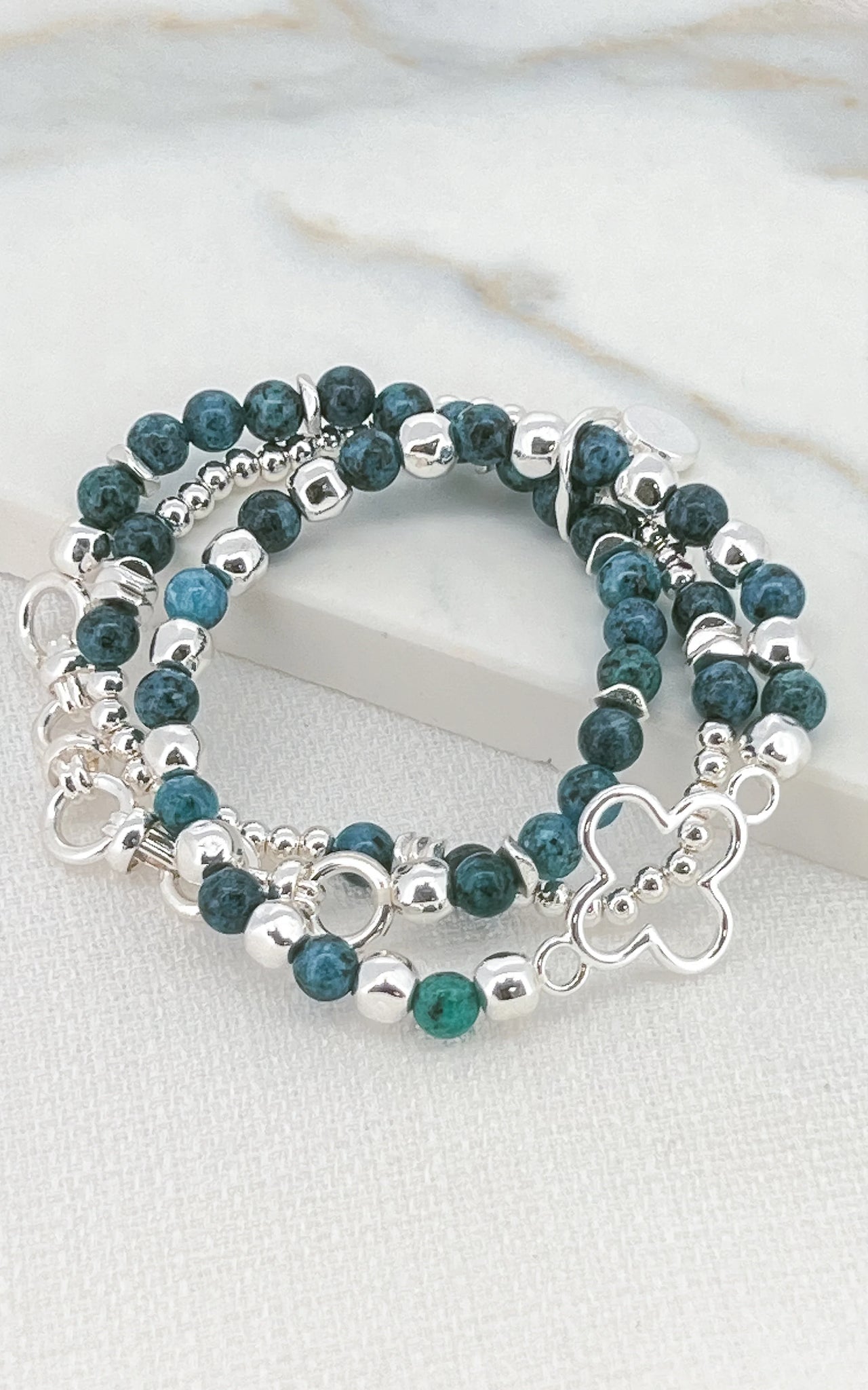 Envy - Silver & Green 3-Strand Bead Bracelet with Open Fleur Charm
