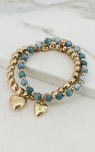 Gold and grey semi precious double layer stretch bracelet