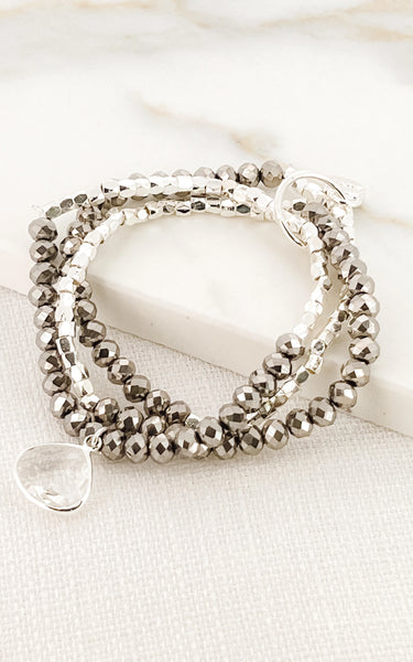Envy - Silver & Grey Crystal 3-Strand Bracelet with Silver Charm