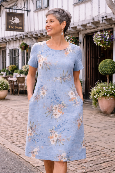 Floral Linen Shift Dress - Powder Blue