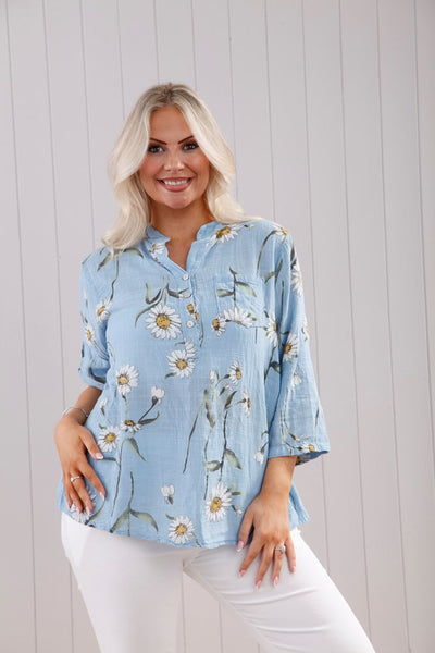 Daisy Print Top with Pocket - Sky Blue