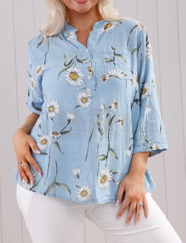 Daisy Print Top with Pocket - Sky Blue