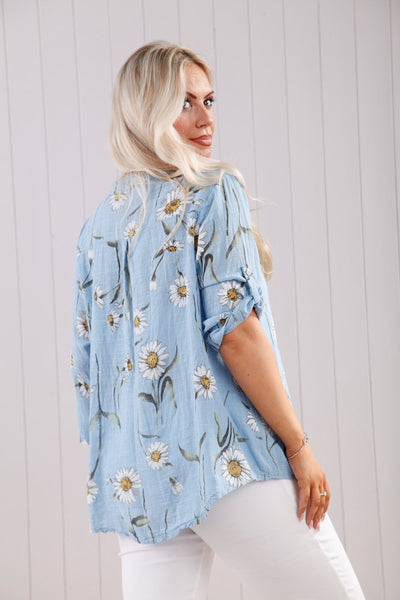 Daisy Print Top with Pocket - Sky Blue