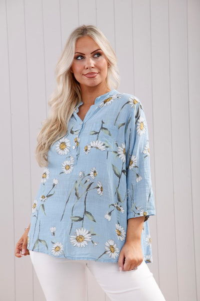 Daisy Print Top with Pocket - Sky Blue