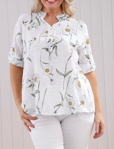 Daisy Print Top  with Pocket - White
