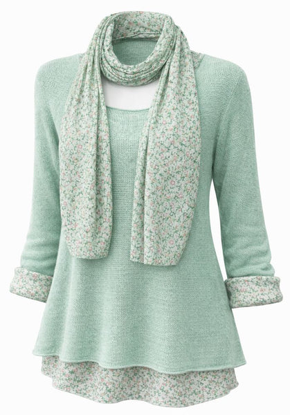 Knitted Layer Top with Scarf -  Mint