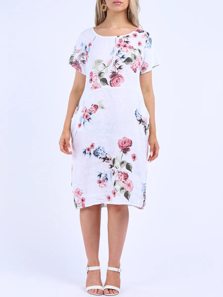 Summer Flowers Linen Shift Dress - White