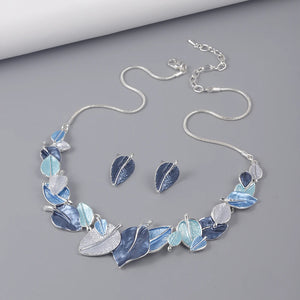 Leaf Necklace & Matching Earrings - Blue