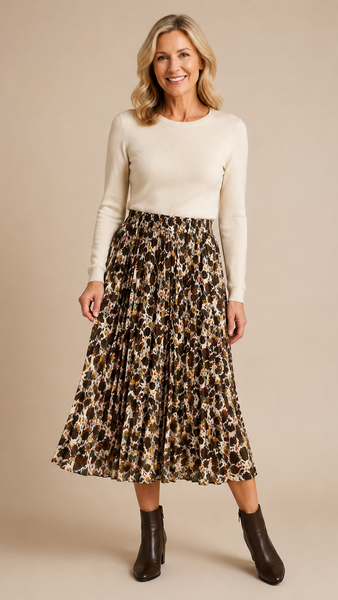 Pleated Autumn Leaves Midi Skirt - Brown