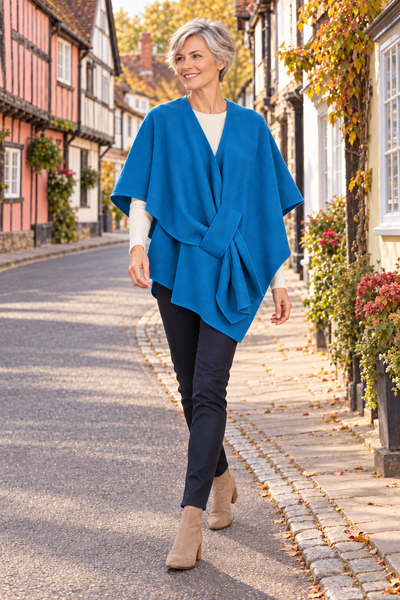 Poncho with Self-Tie Waist - Teal