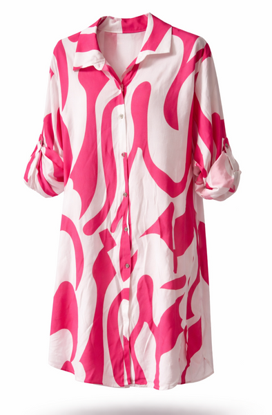 Abstract Print Shirt Dress - Fuchsia