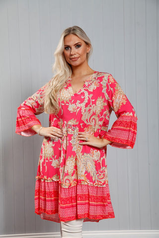 Paisley Printed Tiered Tunic -Strawberry