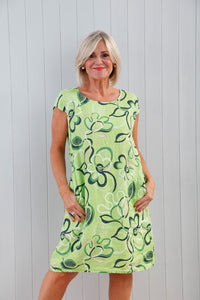 Linen Swirl Flower Shift Dress - Lime