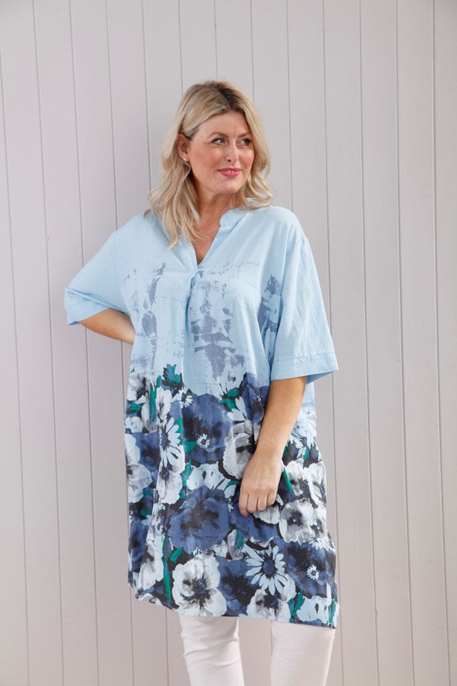 Floral Ink Print Tunic - Light Blue