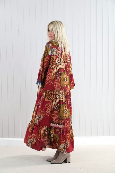 Aztec Flute Sleeve Tiered Dress - Wine