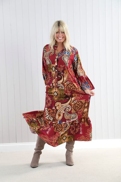 Aztec Flute Sleeve Tiered Dress - Wine