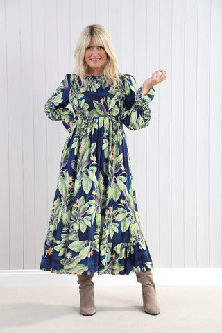 Shirred Leaf Print Dress - Navy