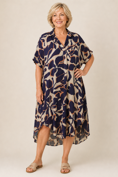 Autumn Leaves Print Dress - Navy