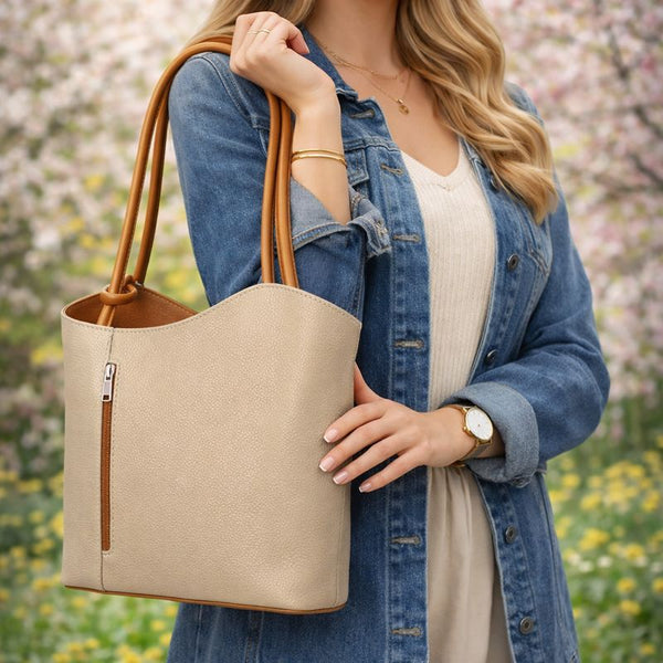 Italian Leather Pebble-Dash Backpack - Beige & Tan