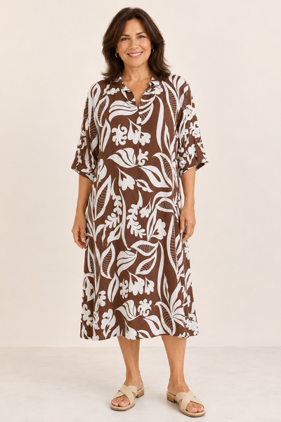 Abstract Print Dress with Collar - Chocolate