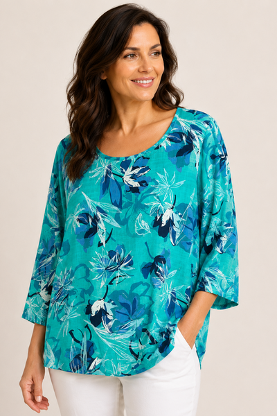 Abstract Floral Top - Turquoise