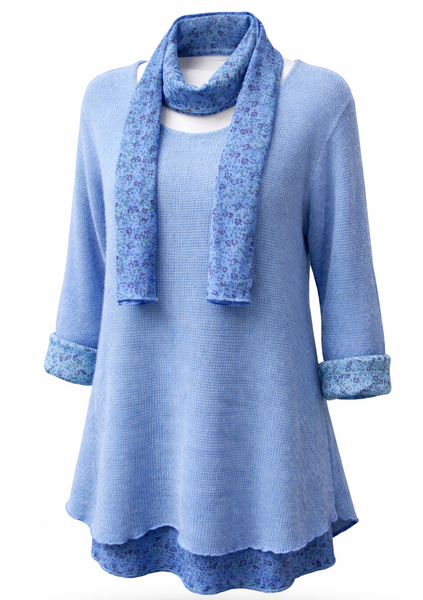 Knitted Layer Top with Scarf -  Powder Blue