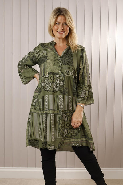 Random Paisley Print Tunic Dress - Khaki