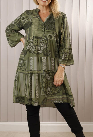 Random Paisley Print Tunic Dress - Khaki