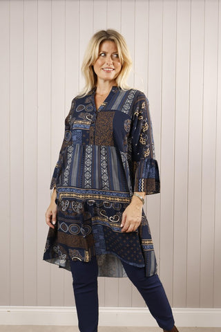Random Paisley Print Tunic Dress - Navy