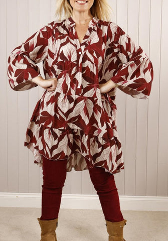 Leaf Print Tiered Tunic - Wine