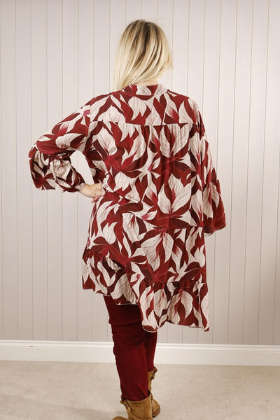 Leaf Print Tiered Tunic - Wine