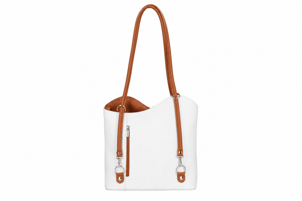 Italian Leather Pebble-Dash Backpack - White & Tan