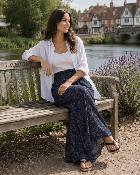 Animal Print Wide Leg Trousers - Navy