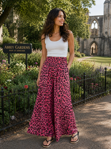Animal Print Wide Leg Trousers - Fuchsia