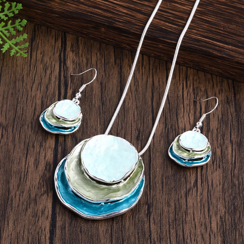 Triple Disc Necklace & Earrings - Blue