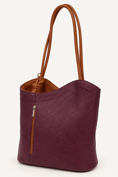 Italian Leather Pebble-Dash Backpack - Wine & Tan