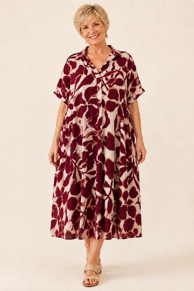 Autumn Leaves Print Dress - Wine