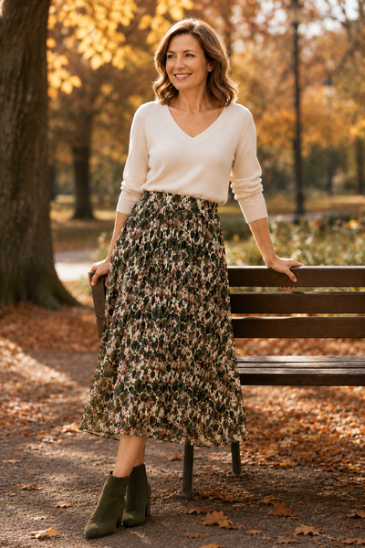 Pleated Autumn Leaves Midi Skirt - Khaki