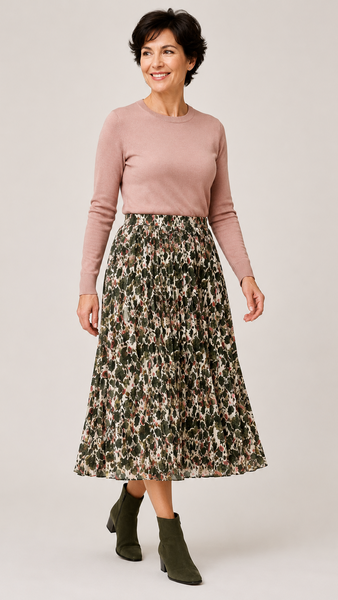 Pleated Autumn Leaves Midi Skirt - Khaki