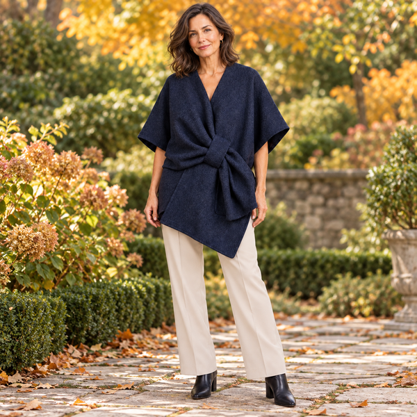 Poncho with Self-Tie Waist - Navy