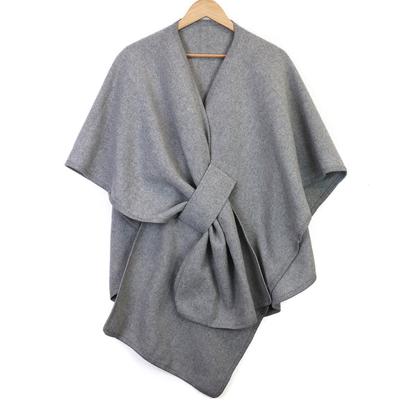 Poncho with Self-Tie Waist - Grey