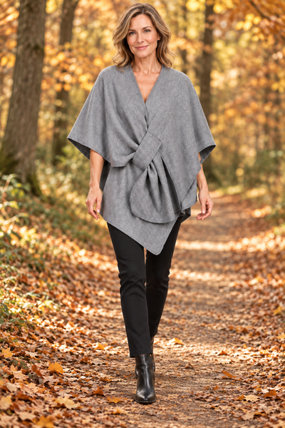 Poncho with Self-Tie Waist - Grey