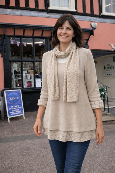 Knitted Layer Top with Scarf -  Beige