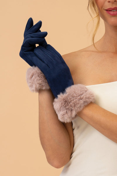 Bettina Faux Suede Gloves - Navy/Taupe