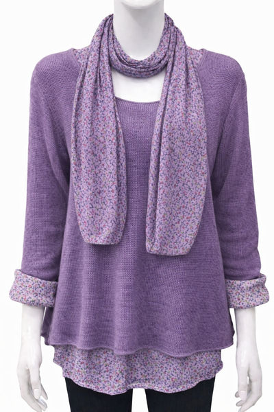 Knitted Layer Top with Scarf -  Purple