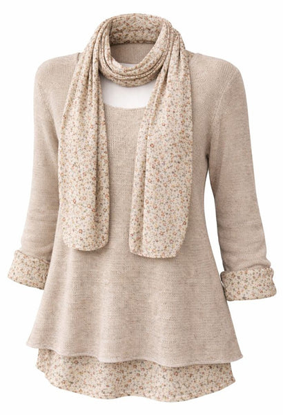 Knitted Layer Top with Scarf -  Beige