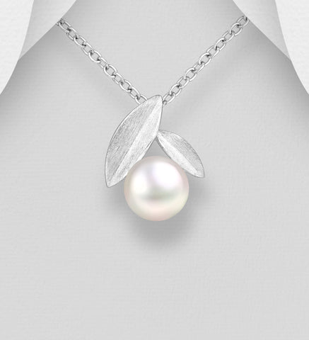 925 Silver Leaf with White Freshwater Pearl Pendant