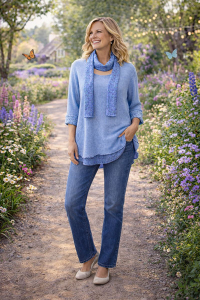 Knitted Layer Top with Scarf -  Powder Blue